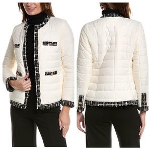 Anne Klein Women's Quilted Tweed Trim Puffer Jacket White Size L Large